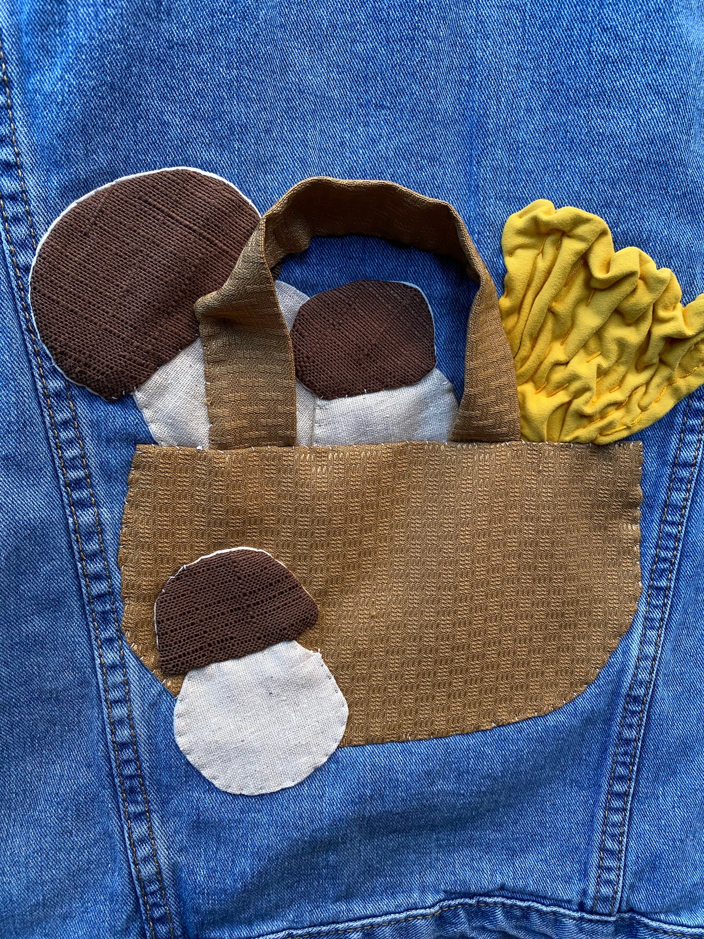 Denim jacket with hand sewn porcini and chanterelle