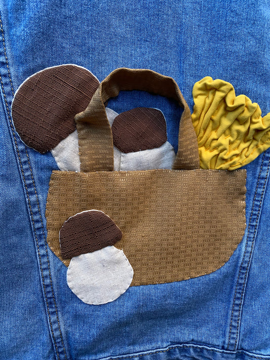 Denim jacket with hand sewn porcini and chanterelle