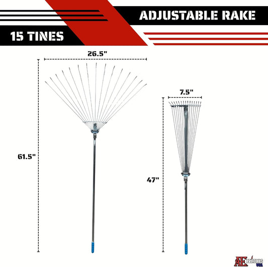 ATE Pro. Tools - Adjustable Metal Rake - Garden Rake, Collapsible & Telescopic Rake; Heavy Duty Leaf Rake, Expandable Head 7.5 to 26.5", for Leaves, Shrubs, Small Areas, Gardening, & RV Camping Rake