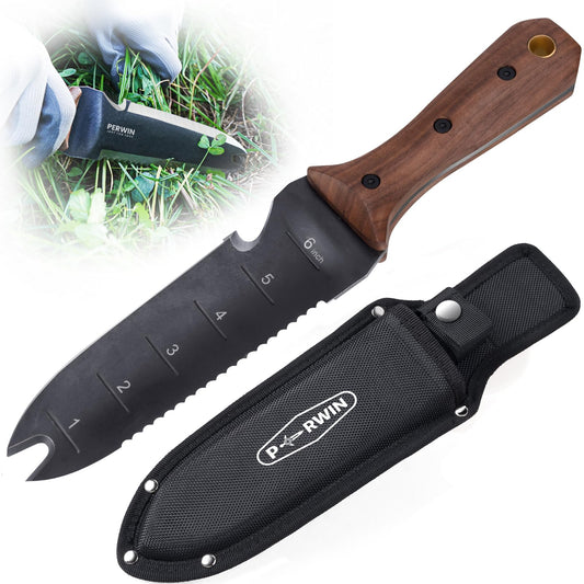 Hori Hori Garden Knife, Garden Tools with Sheath for Weeding, Planting, Digging, 7" Stainless Steel Blade with Cutting Edge, Full-Tang Wood Handle with Hanging Hole