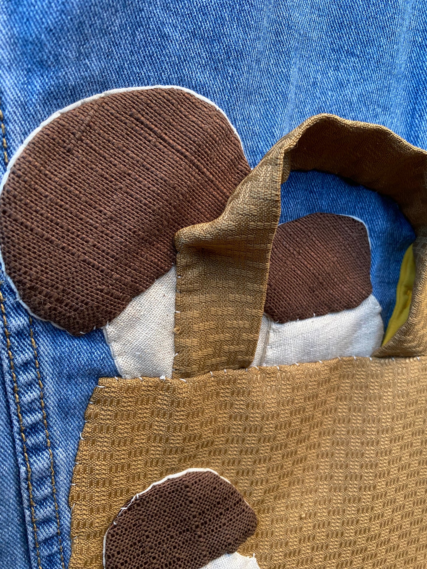 Denim jacket with hand sewn porcini and chanterelle