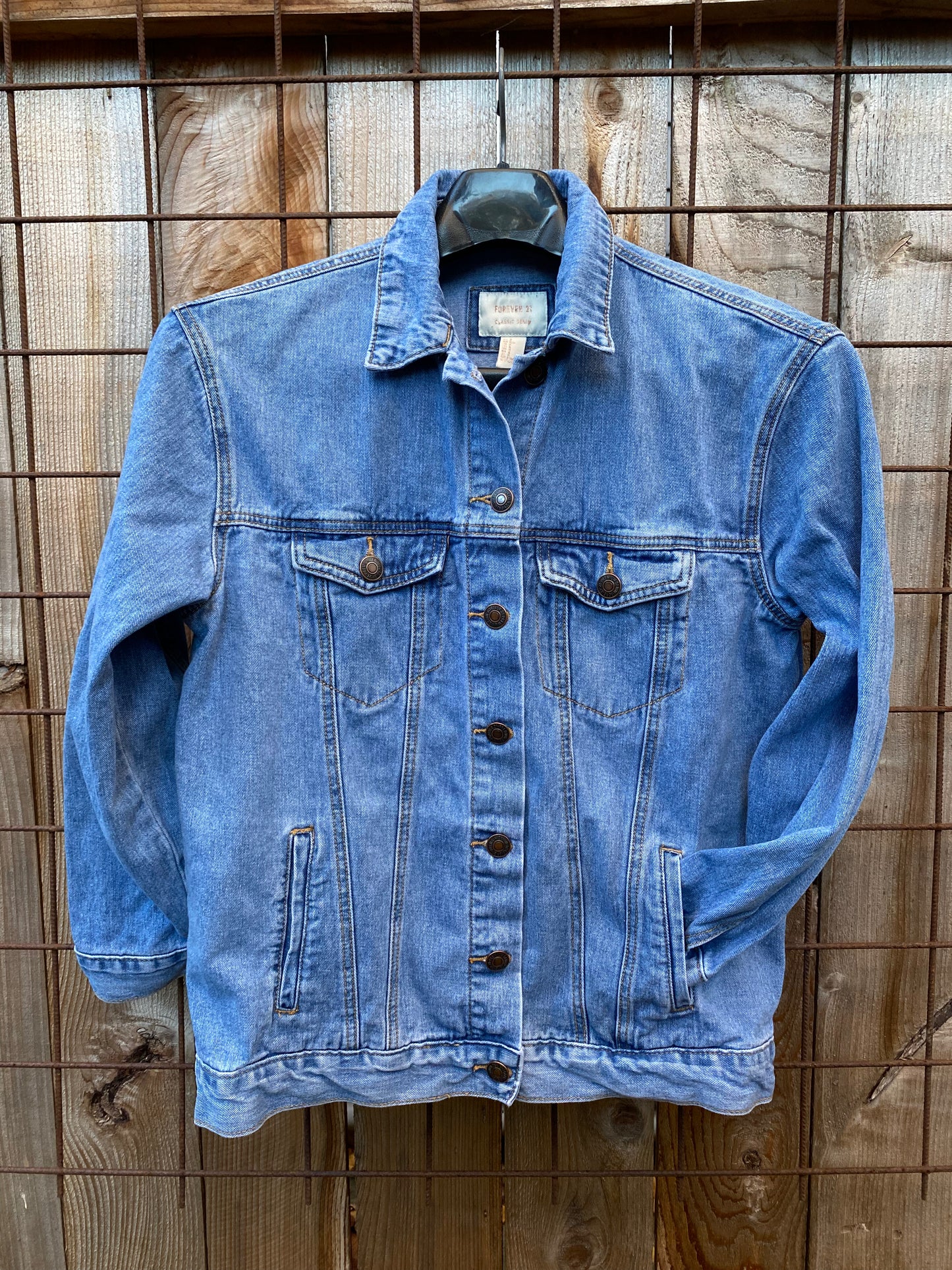Denim jacket with hand sewn porcini and chanterelle