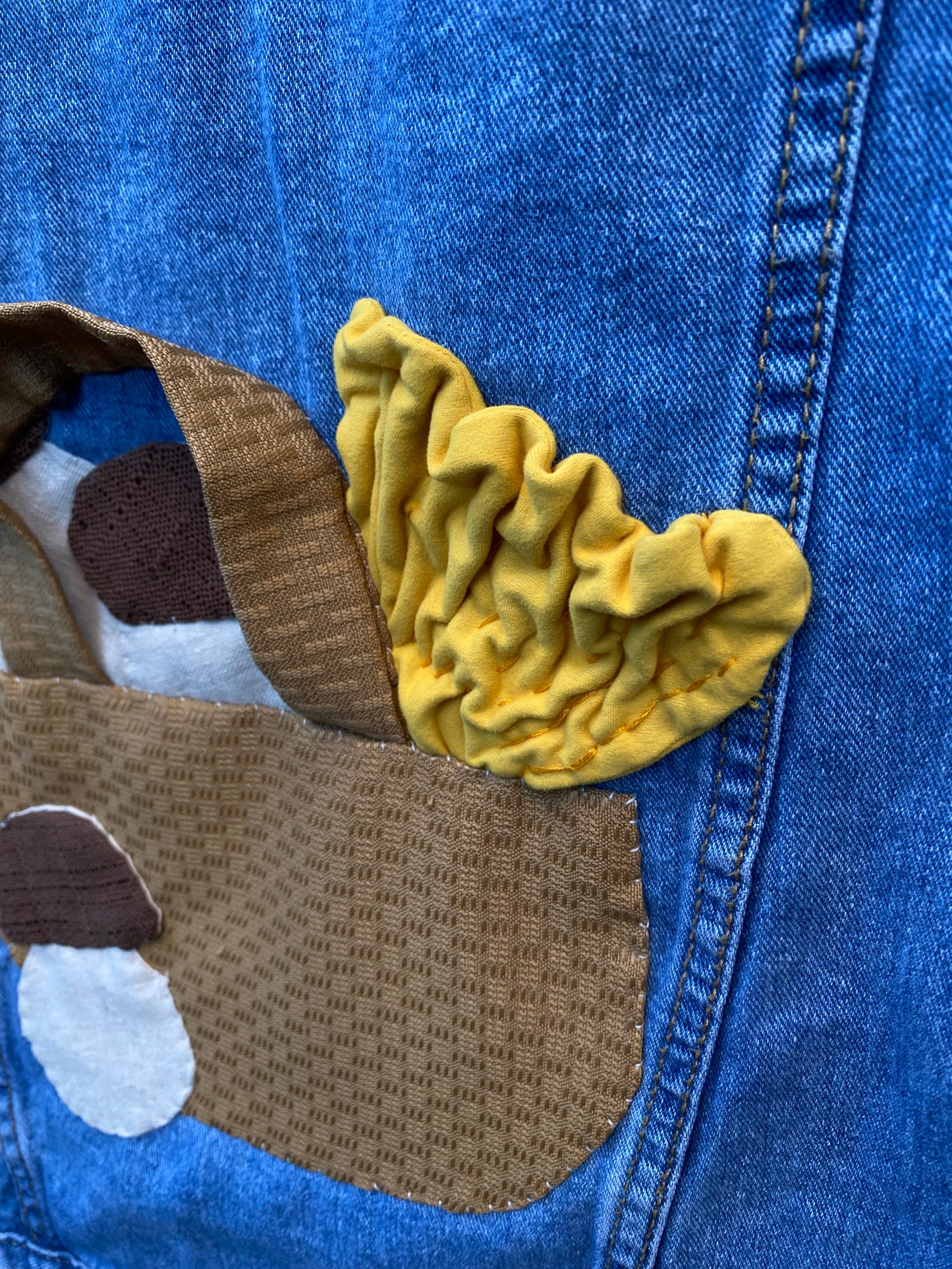 Denim jacket with hand sewn porcini and chanterelle