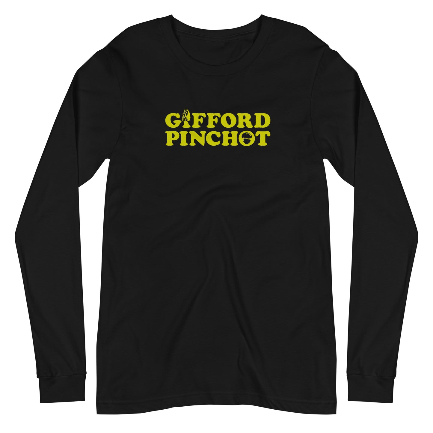 a long sleeve t-shirt featuring the phrase Gifford Pinchot. there is a morel mushroom where the letter I should be in the word Gifford and a porcini where the O should be in Pinchot.