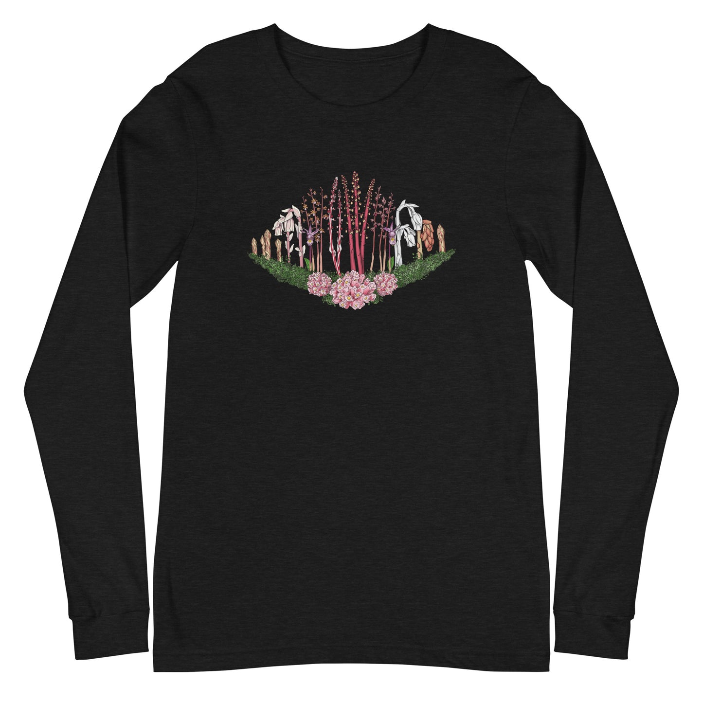 A long-sleeve t-shirt with an image of Ghost pipe, Candystick, pine sap and other micoheterotrophic plants of the PNW.