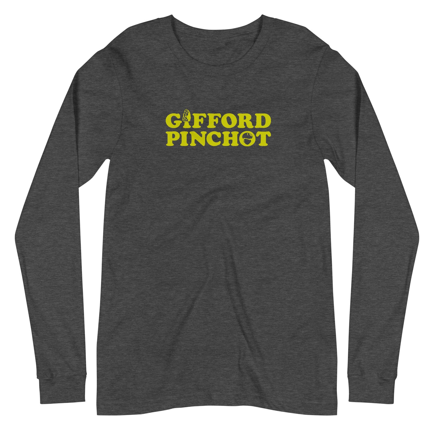 a long sleeve t-shirt featuring the phrase Gifford Pinchot. there is a morel mushroom where the letter I should be in the word Gifford and a porcini where the O should be in Pinchot.
