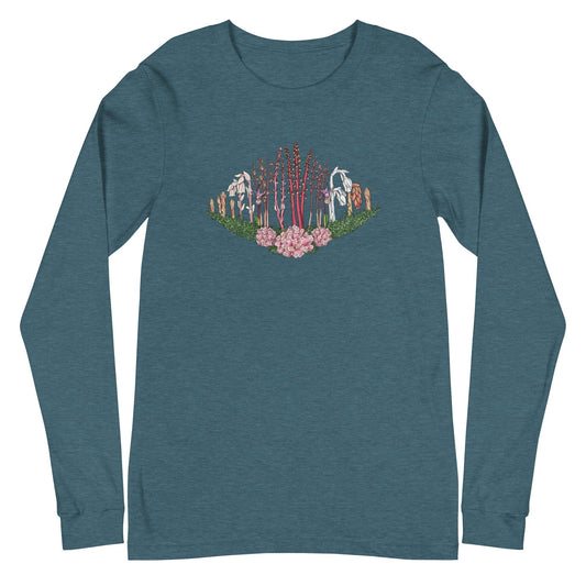 A long-sleeve t-shirt with an image of Ghost pipe, Candystick, pine sap and other micoheterotrophic plants of the PNW.