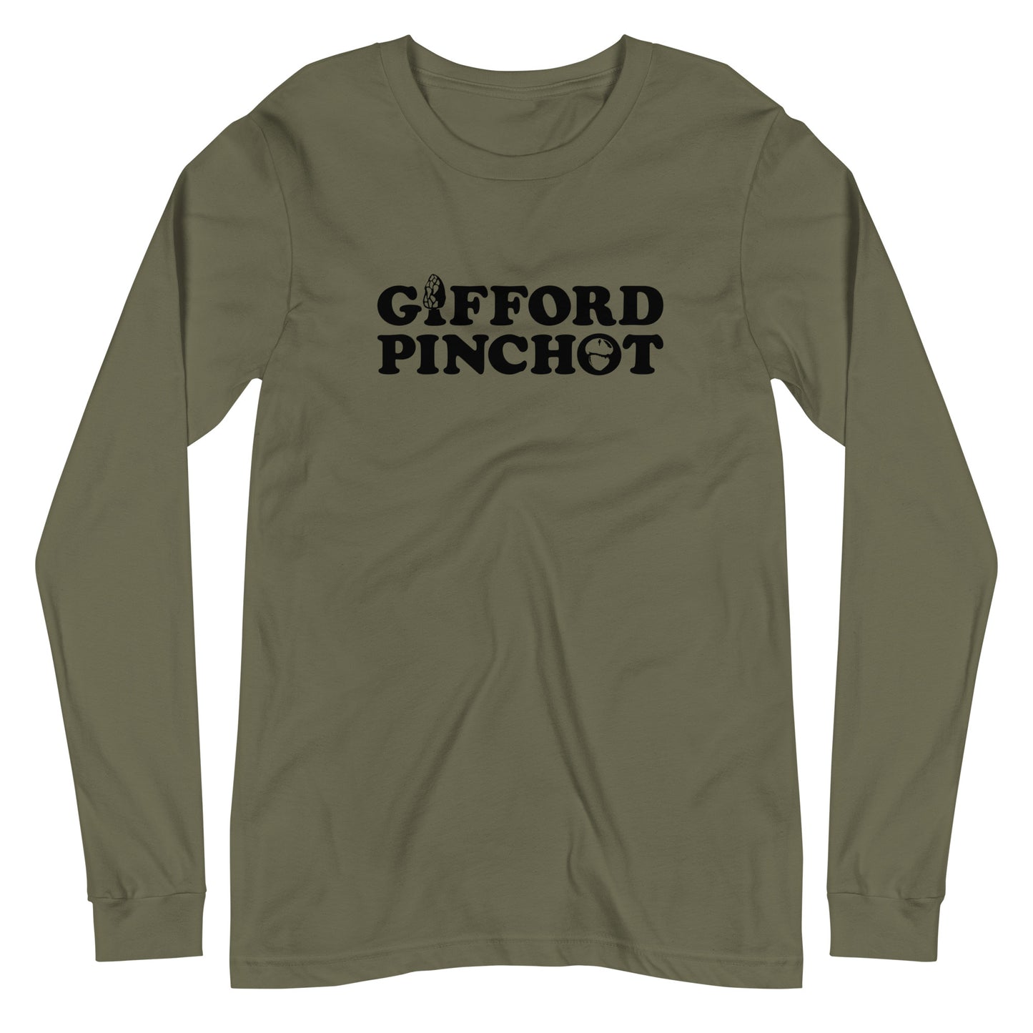 a long sleeve t-shirt featuring the phrase Gifford Pinchot. there is a morel mushroom where the letter I should be in the word Gifford and a porcini where the O should be in Pinchot.