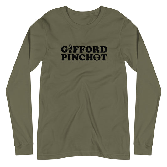 a long sleeve  t-shirt featuring the phrase Gifford Pinchot. there is a morel mushroom where the letter I should be in the word Gifford and a porcini where the O should be in Pinchot.