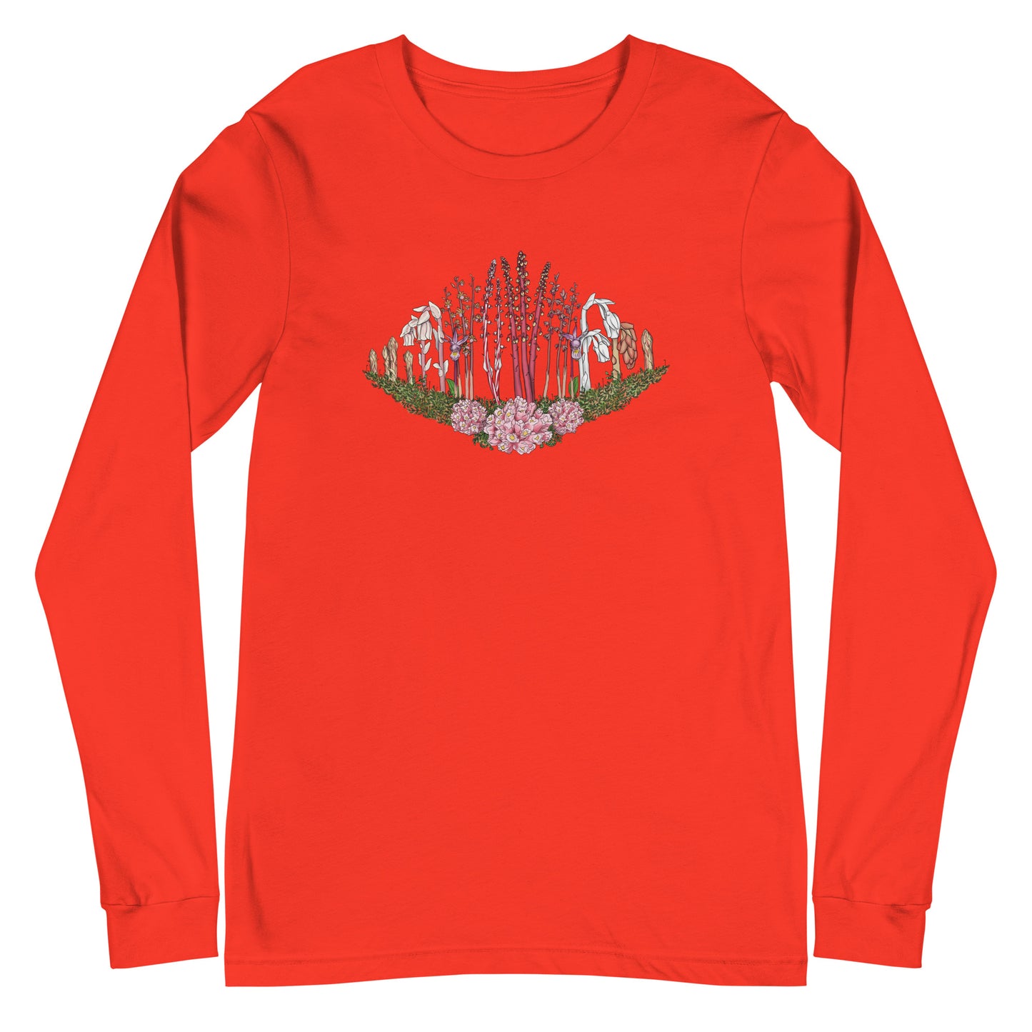 A long-sleeve t-shirt with an image of Ghost pipe, Candystick, pine sap and other micoheterotrophic plants of the PNW.