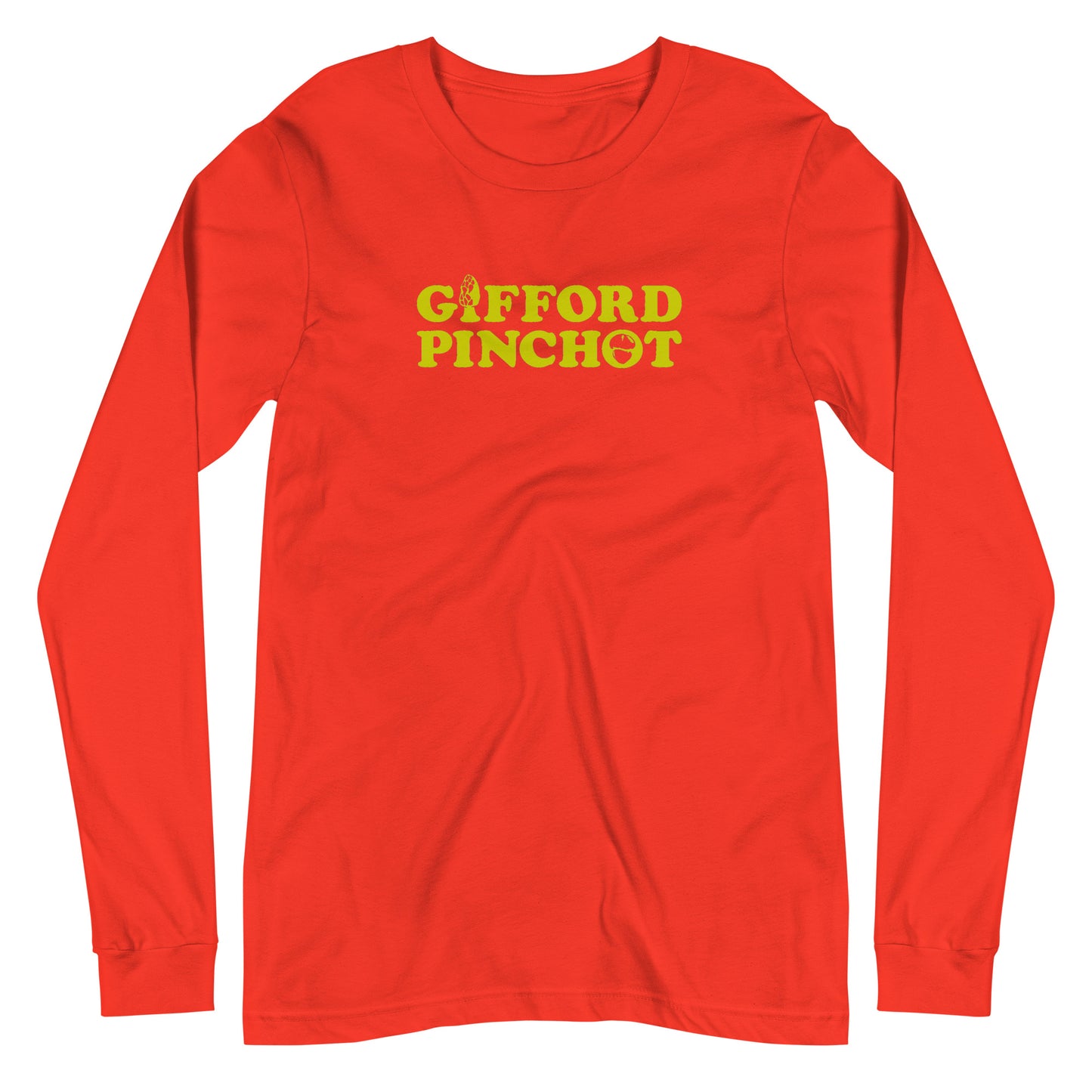 a long sleeve t-shirt featuring the phrase Gifford Pinchot. there is a morel mushroom where the letter I should be in the word Gifford and a porcini where the O should be in Pinchot.