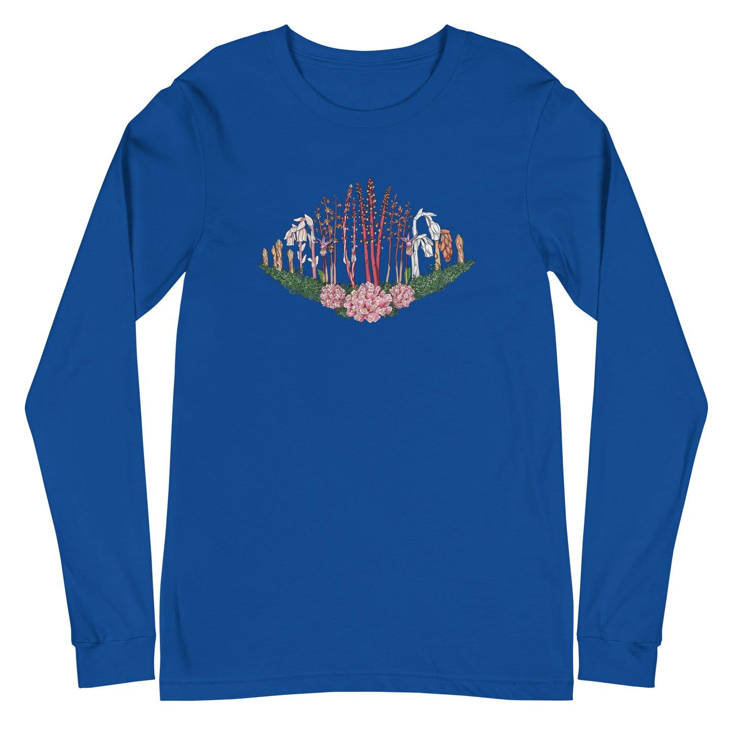 A long-sleeve t-shirt with an image of Ghost pipe, Candystick, pine sap and other micoheterotrophic plants of the PNW.