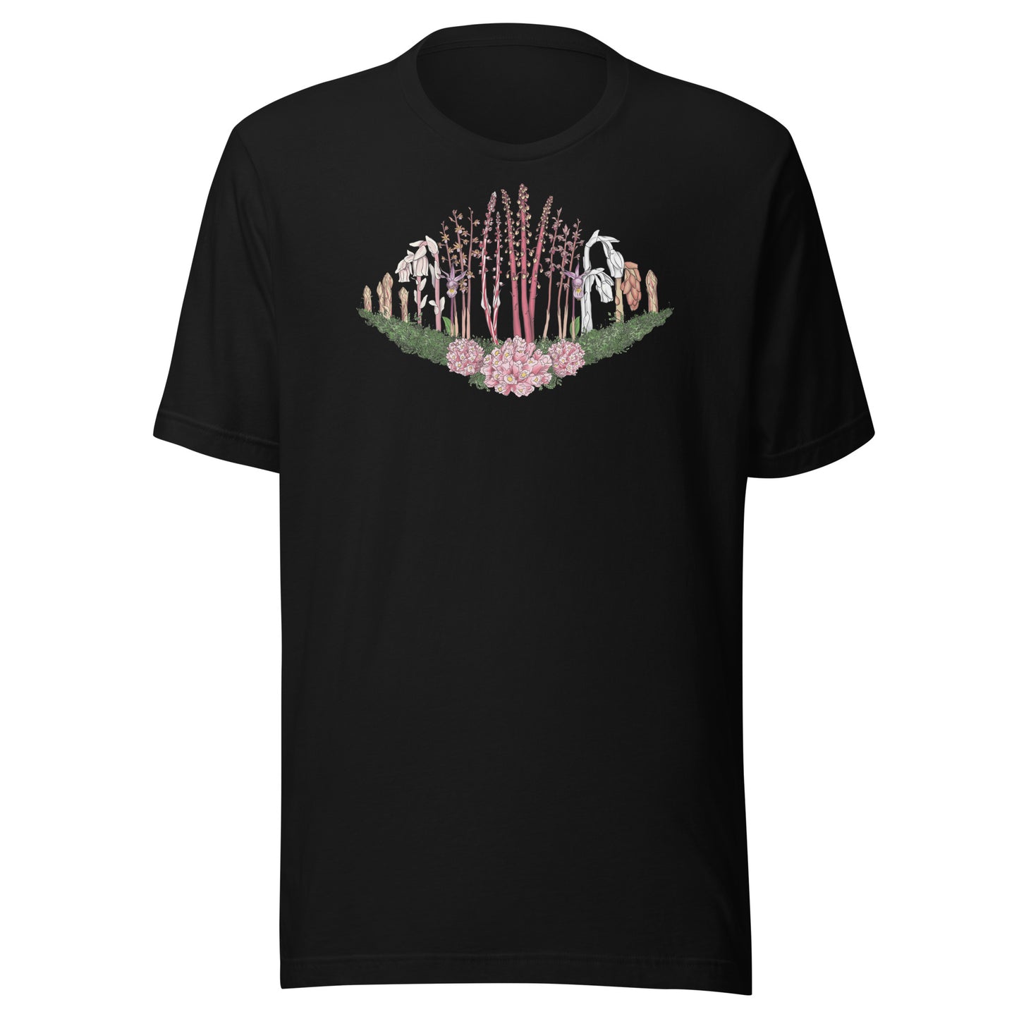 A short-sleeve t-shirt with an image of Ghost pipe, Candystick, pine sap and other micoheterotrophic plants of the PNW.