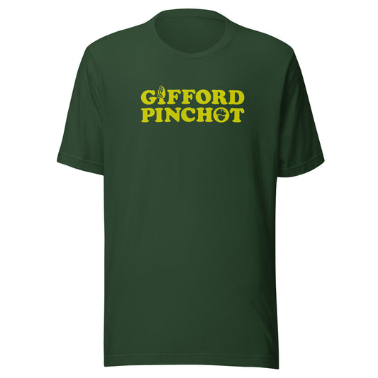 a short sleeve t-shirt featuring the phrase Gifford Pinchot in goldenrod. There is a morel mushroom where the letter I should be in the word Gifford and a porcini where the O should be in Pinchot.