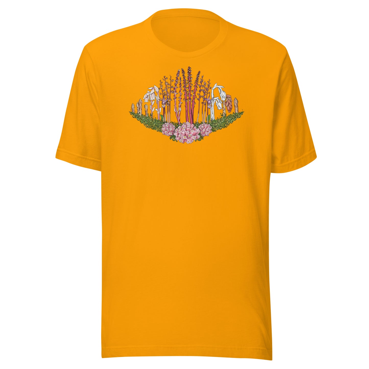 A short-sleeve t-shirt with an image of Ghost pipe, Candystick, pine sap and other micoheterotrophic plants of the PNW.