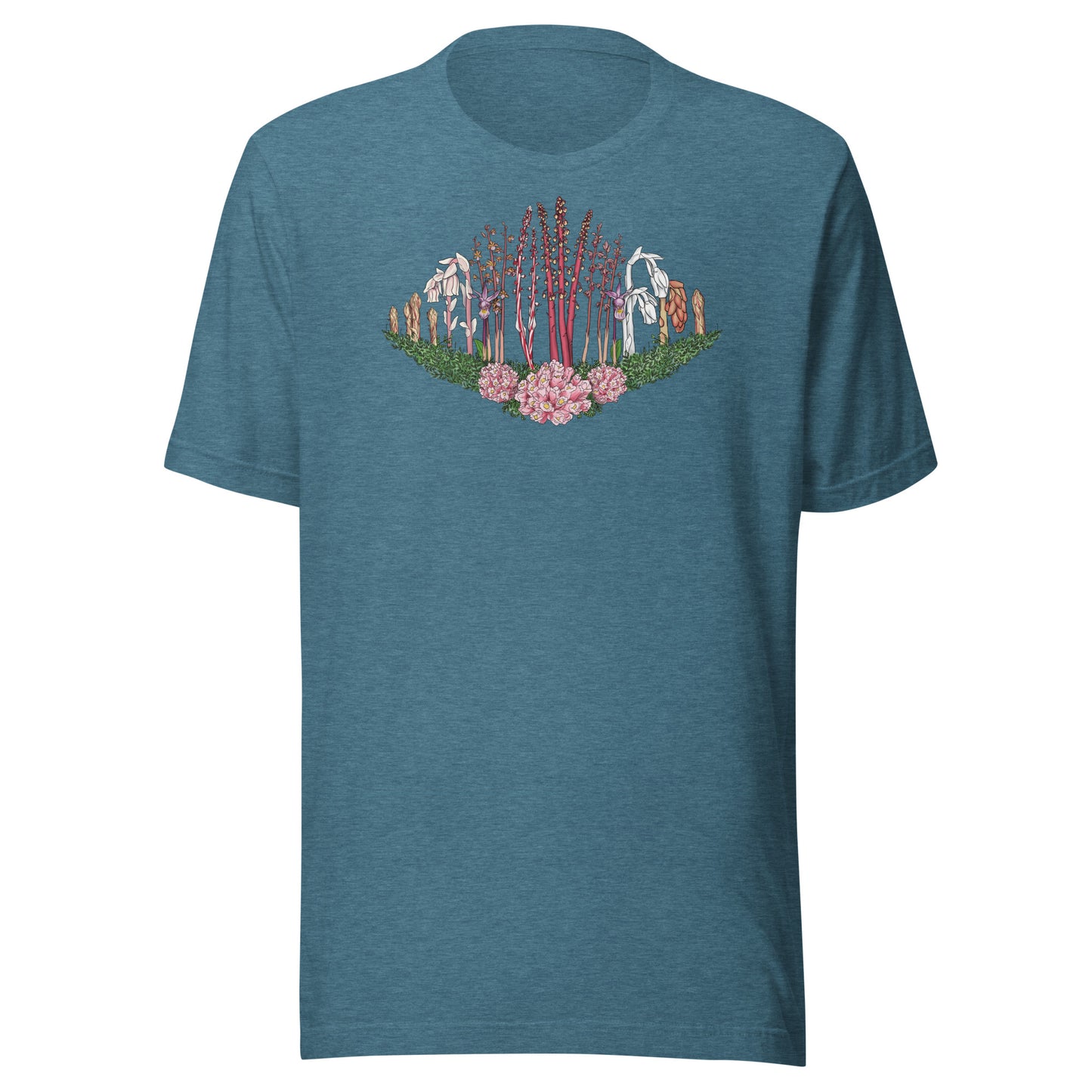 A short-sleeve t-shirt with an image of Ghost pipe, Candystick, pine sap and other micoheterotrophic plants of the PNW.