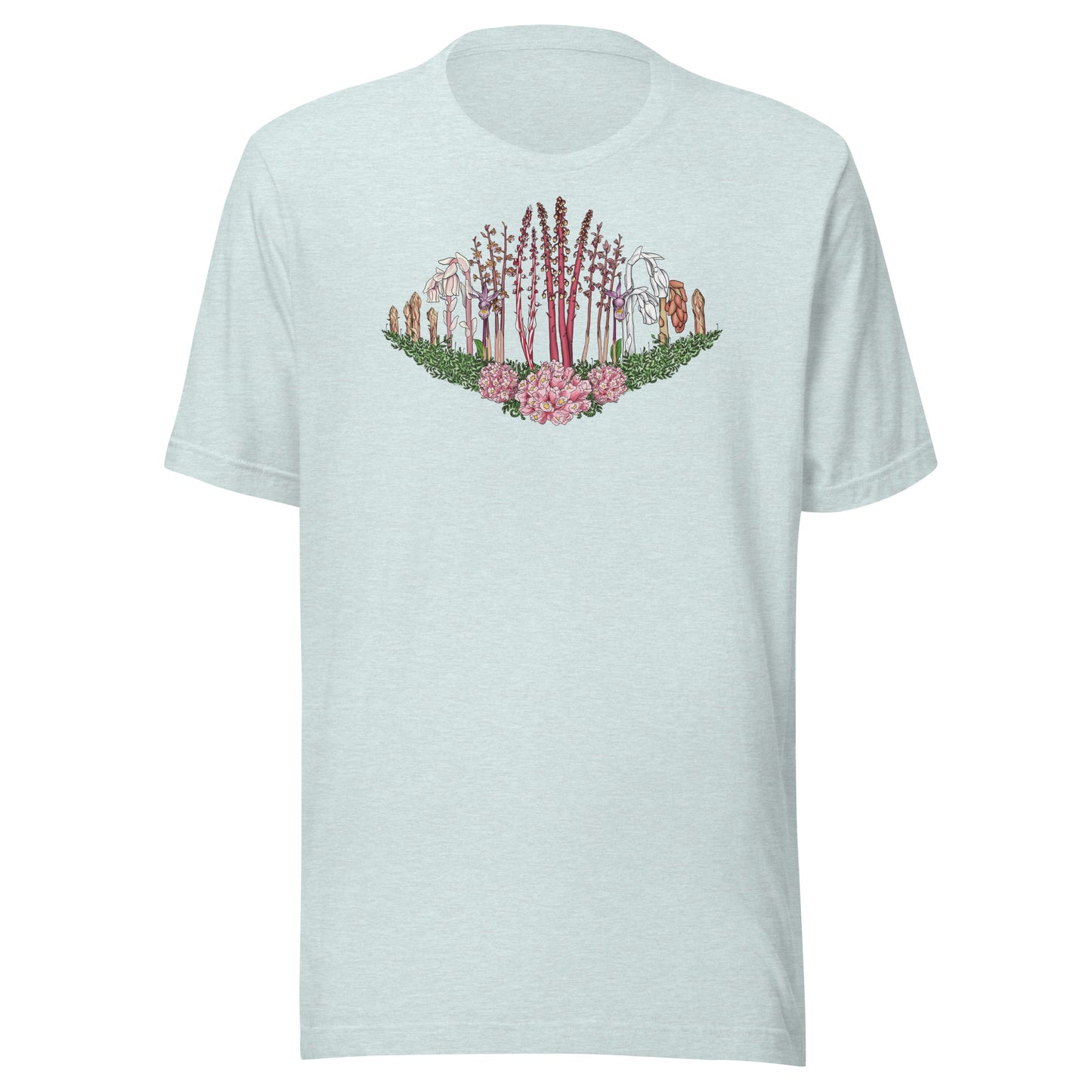 A short-sleeve t-shirt with an image of Ghost pipe, Candystick, pine sap and other micoheterotrophic plants of the PNW.