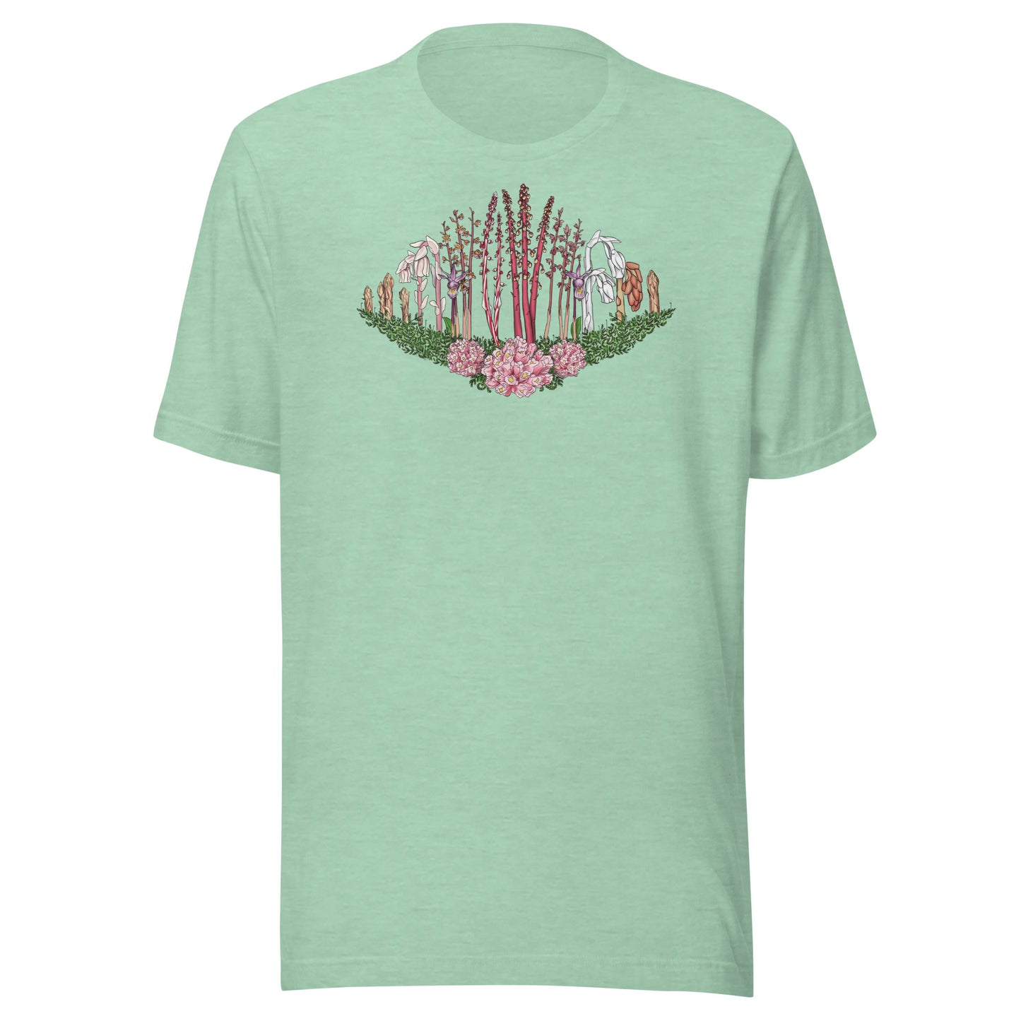 A short-sleeve t-shirt with an image of Ghost pipe, Candystick, pine sap and other micoheterotrophic plants of the PNW.