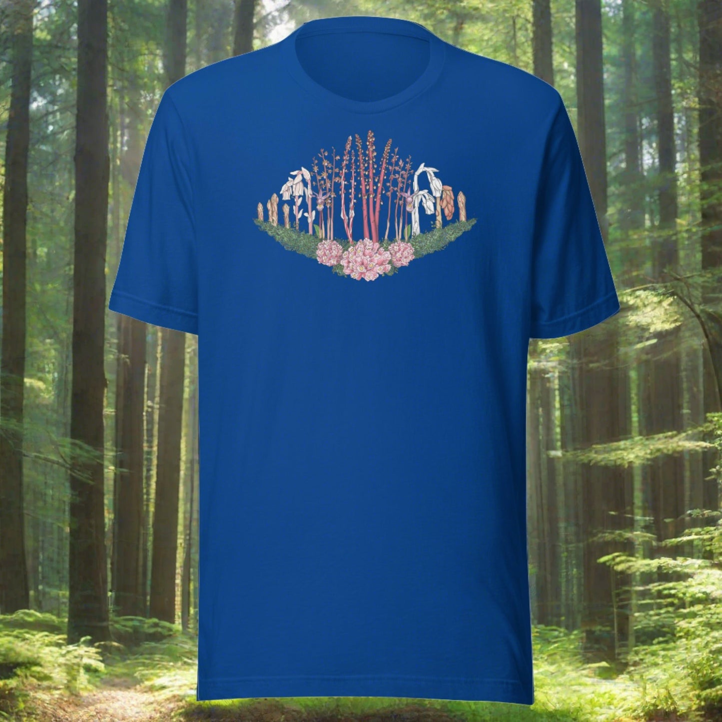 A short-sleeve t-shirt with an image of Ghost pipe, Candystick, pine sap and other micoheterotrophic plants of the PNW.