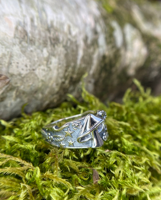 Sterling silver mushroom ring with stars and flowers.