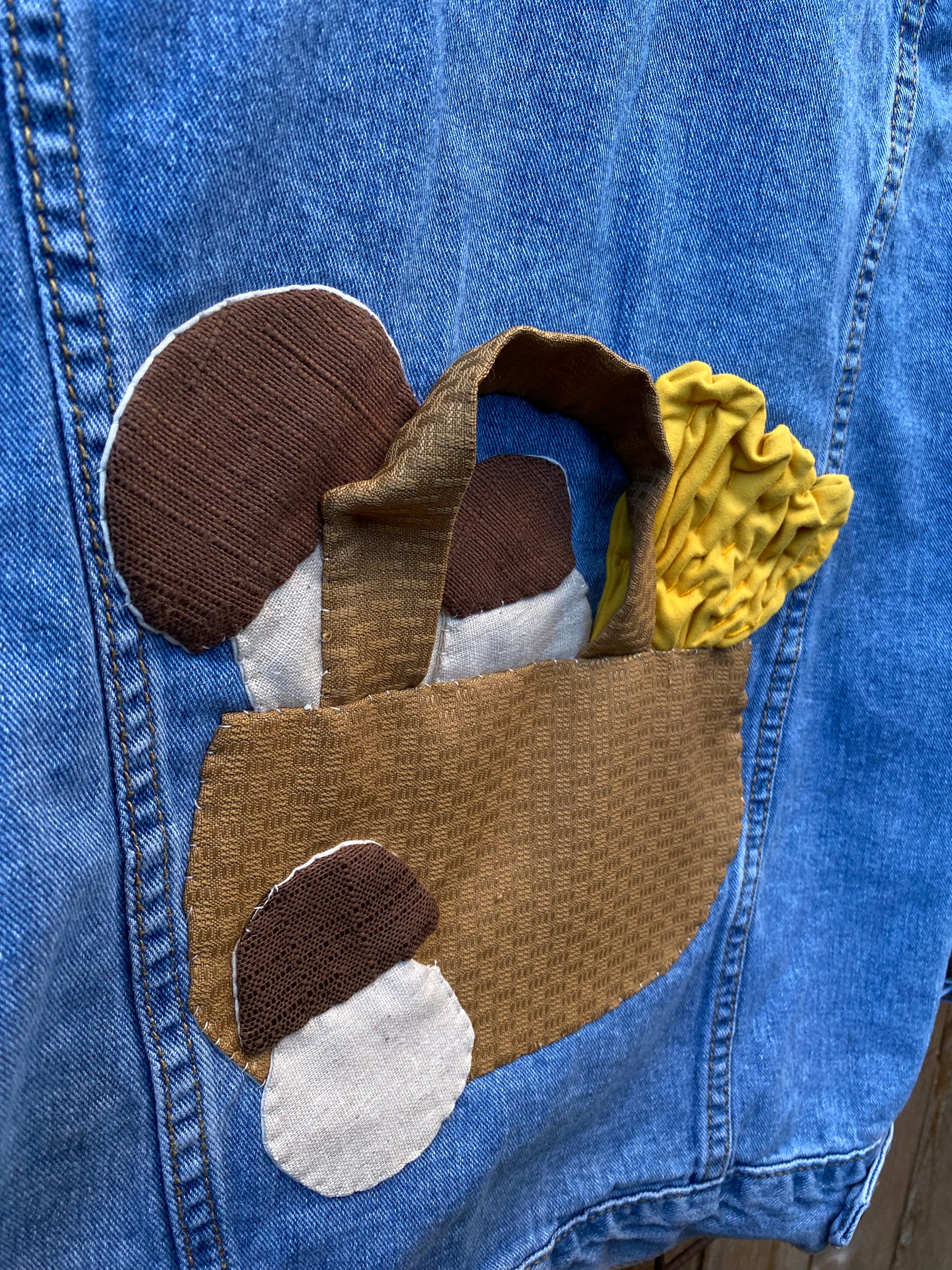 Denim jacket with hand sewn porcini and chanterelle