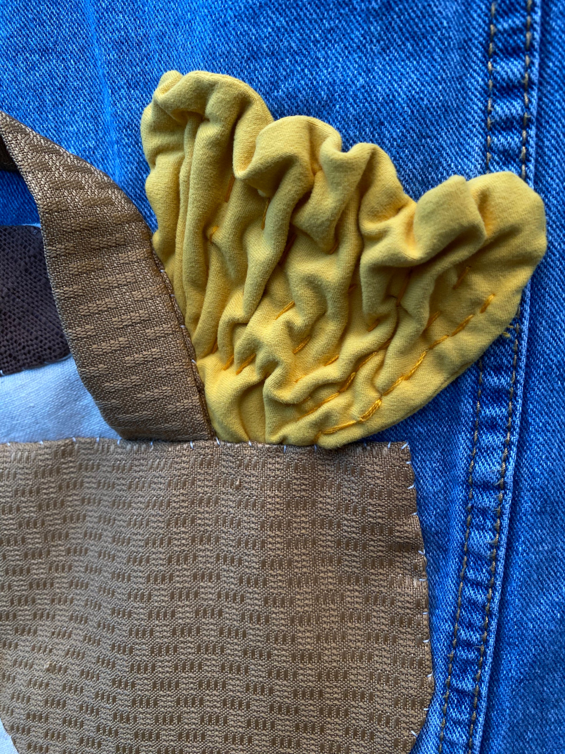 Denim jacket with hand sewn porcini and chanterelle