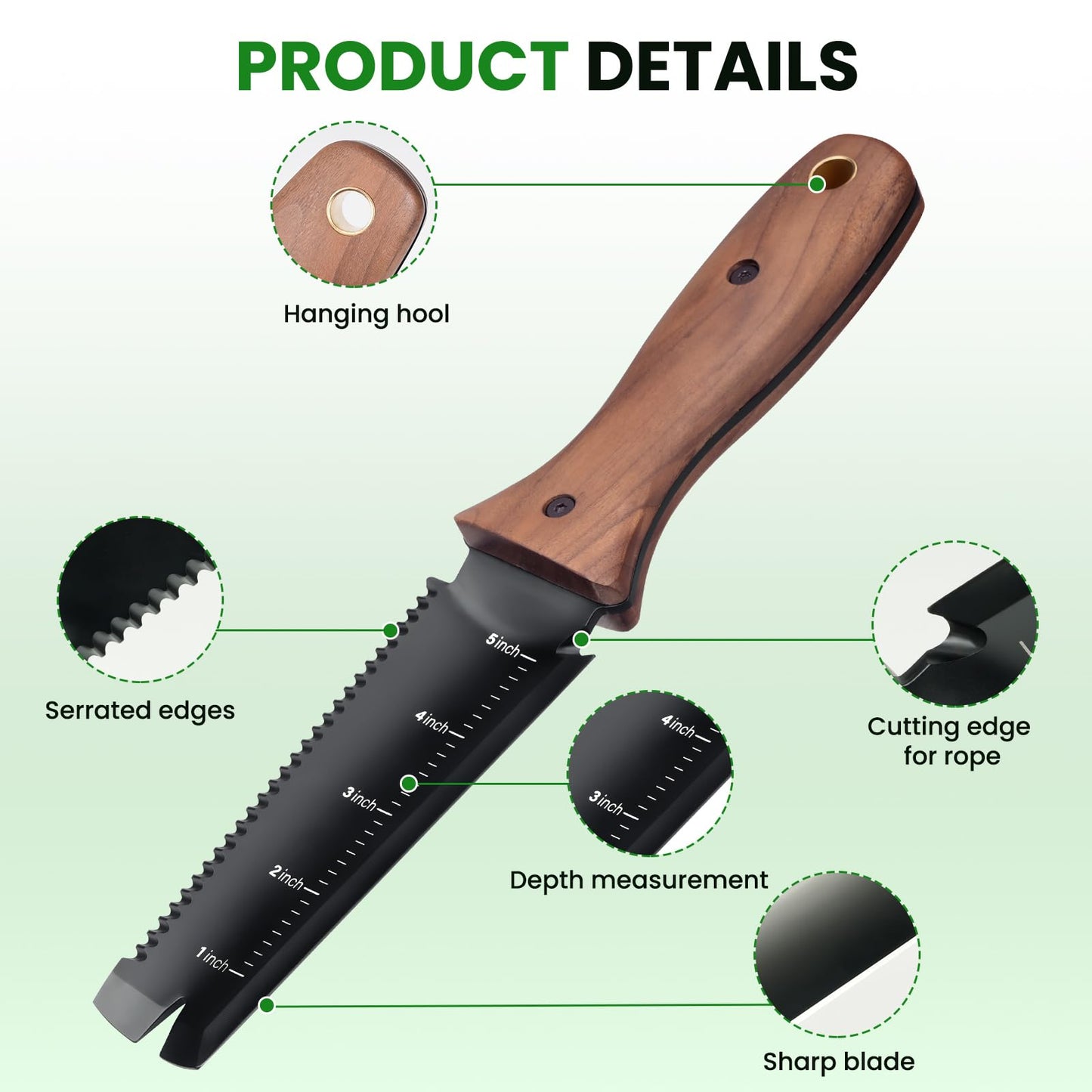 Hori Hori Garden Knife, Garden Tools with Sheath for Weeding, Planting, Digging, 7" Stainless Steel Blade with Cutting Edge, Full-Tang Wood Handle with Hanging Hole