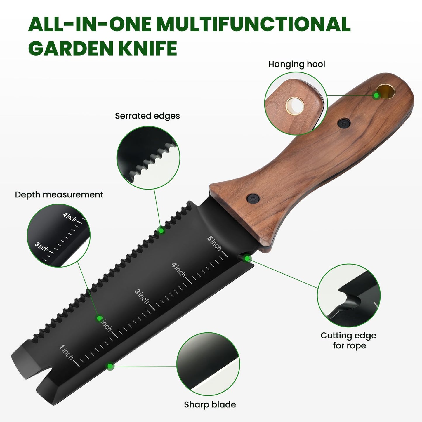 Hori Hori Garden Knife, Garden Tools with Sheath for Weeding, Planting, Digging, 7" Stainless Steel Blade with Cutting Edge, Full-Tang Wood Handle with Hanging Hole