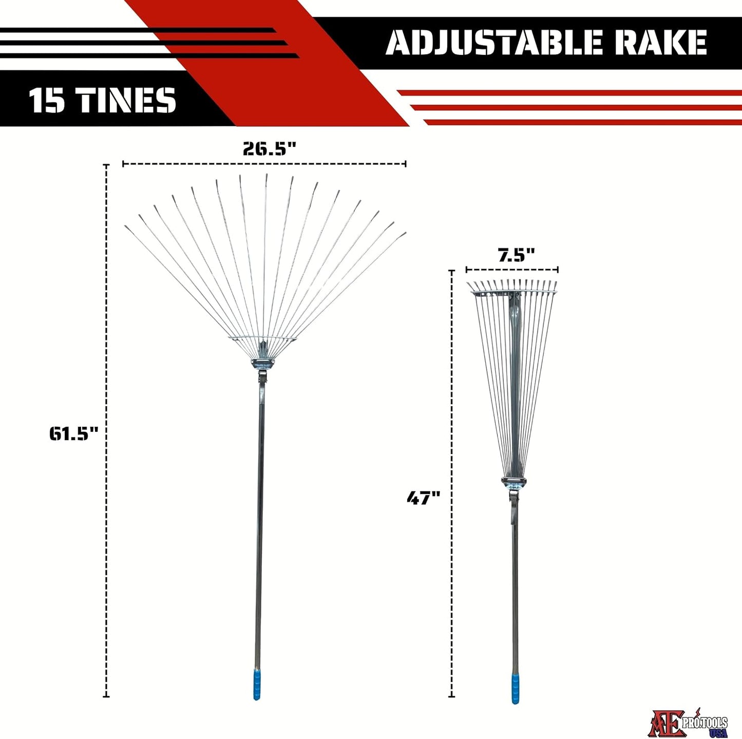 ATE Pro. Tools - Adjustable Metal Rake - Garden Rake, Collapsible & Telescopic Rake; Heavy Duty Leaf Rake, Expandable Head 7.5 to 26.5", for Leaves, Shrubs, Small Areas, Gardening, & RV Camping Rake