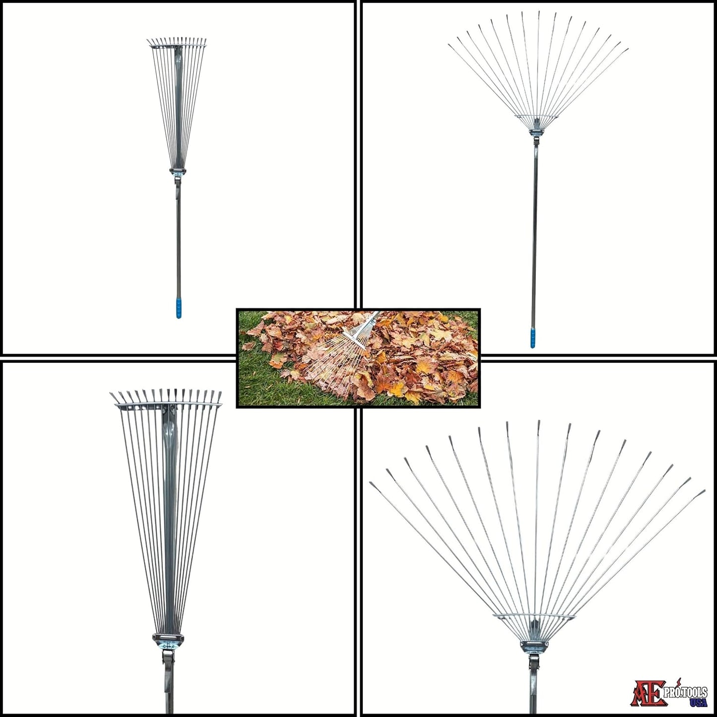 ATE Pro. Tools - Adjustable Metal Rake - Garden Rake, Collapsible & Telescopic Rake; Heavy Duty Leaf Rake, Expandable Head 7.5 to 26.5", for Leaves, Shrubs, Small Areas, Gardening, & RV Camping Rake