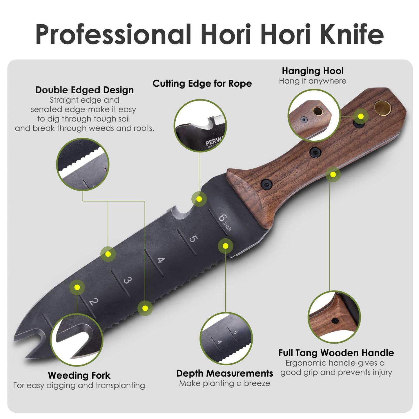 Hori Hori Garden Knife, Garden Tools with Sheath for Weeding, Planting, Digging, 7" Stainless Steel Blade with Cutting Edge, Full-Tang Wood Handle with Hanging Hole