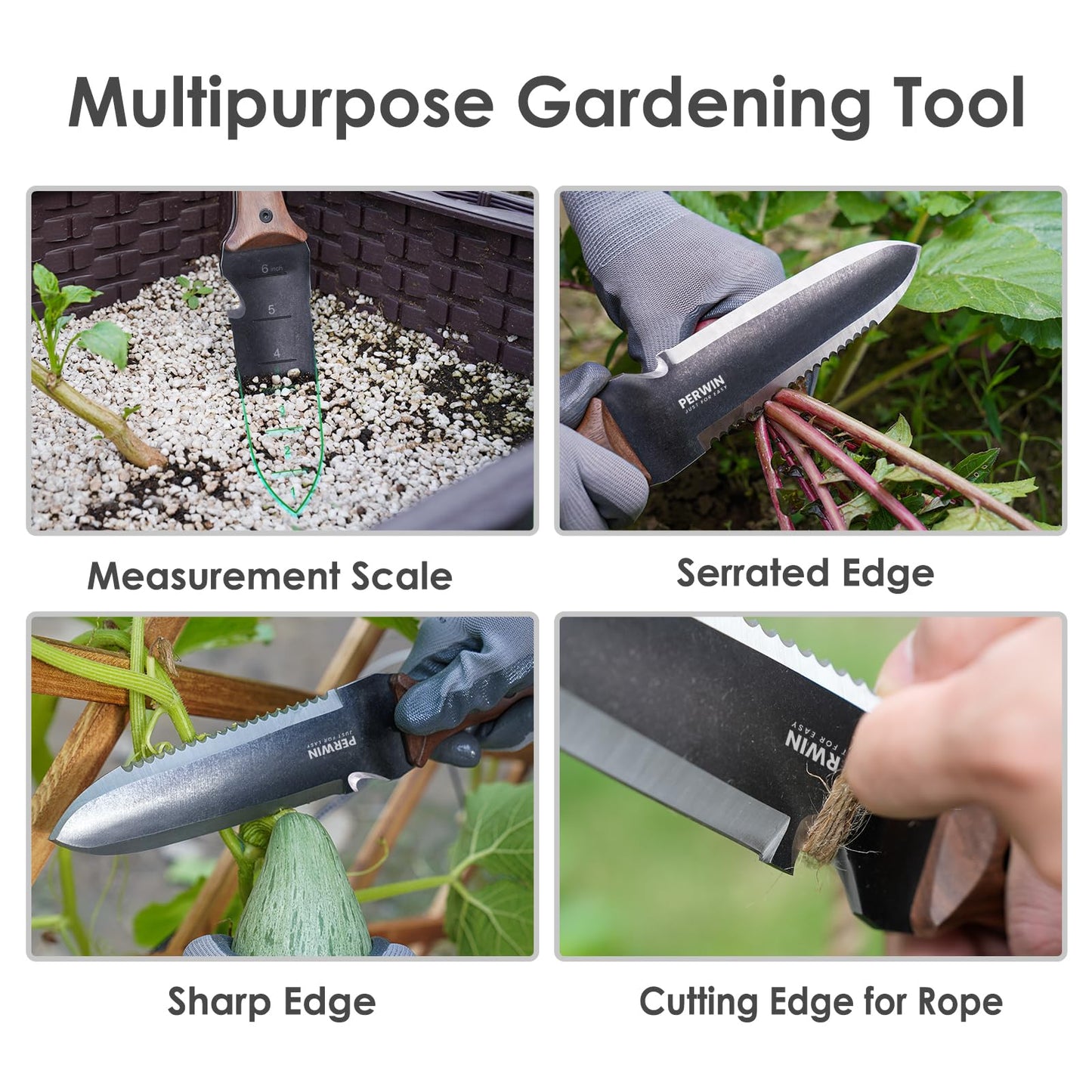Hori Hori Garden Knife, Garden Tools with Sheath for Weeding, Planting, Digging, 7" Stainless Steel Blade with Cutting Edge, Full-Tang Wood Handle with Hanging Hole