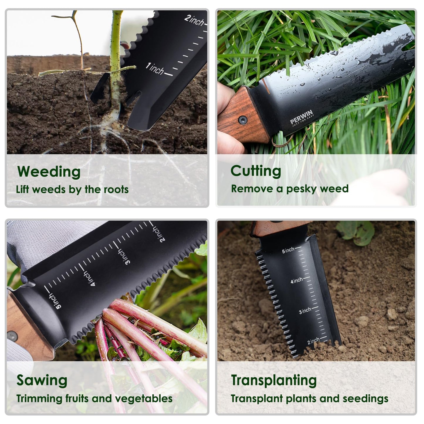 Hori Hori Garden Knife, Garden Tools with Sheath for Weeding, Planting, Digging, 7" Stainless Steel Blade with Cutting Edge, Full-Tang Wood Handle with Hanging Hole