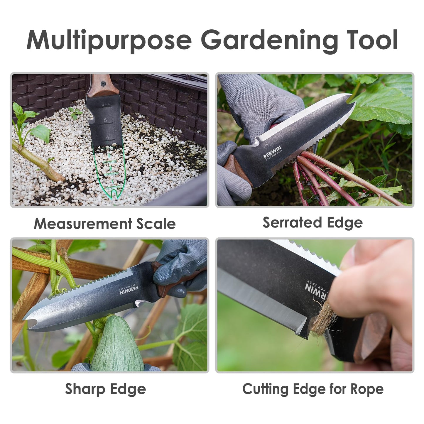 Hori Hori Garden Knife, Garden Tools with Sheath for Weeding, Planting, Digging, 7" Stainless Steel Blade with Cutting Edge, Full-Tang Wood Handle with Hanging Hole