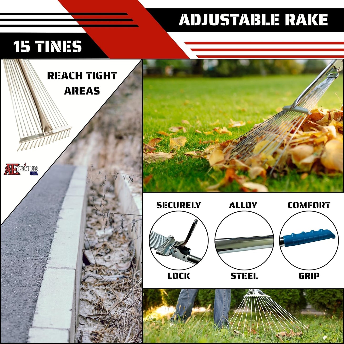 ATE Pro. Tools - Adjustable Metal Rake - Garden Rake, Collapsible & Telescopic Rake; Heavy Duty Leaf Rake, Expandable Head 7.5 to 26.5", for Leaves, Shrubs, Small Areas, Gardening, & RV Camping Rake