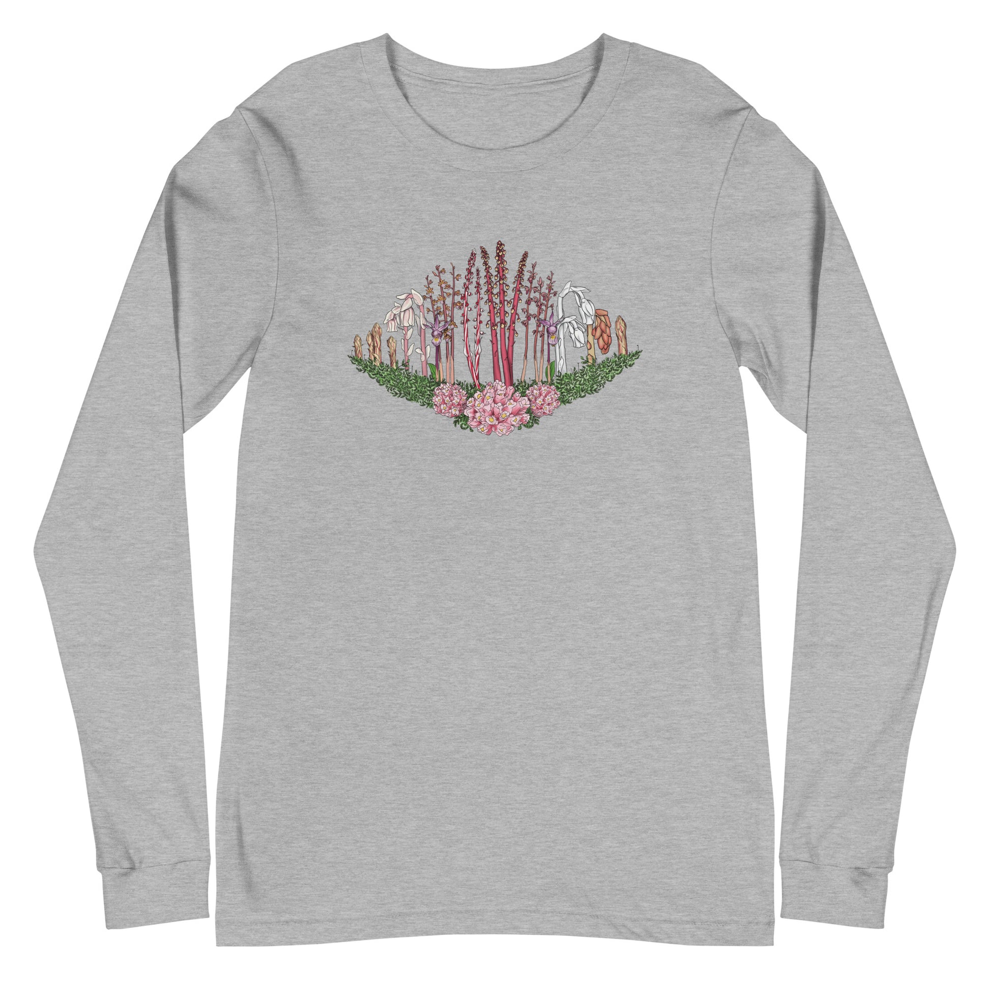 A long-sleeve t-shirt with an image of Ghost pipe, Candystick, pine sap and other micoheterotrophic plants of the PNW.