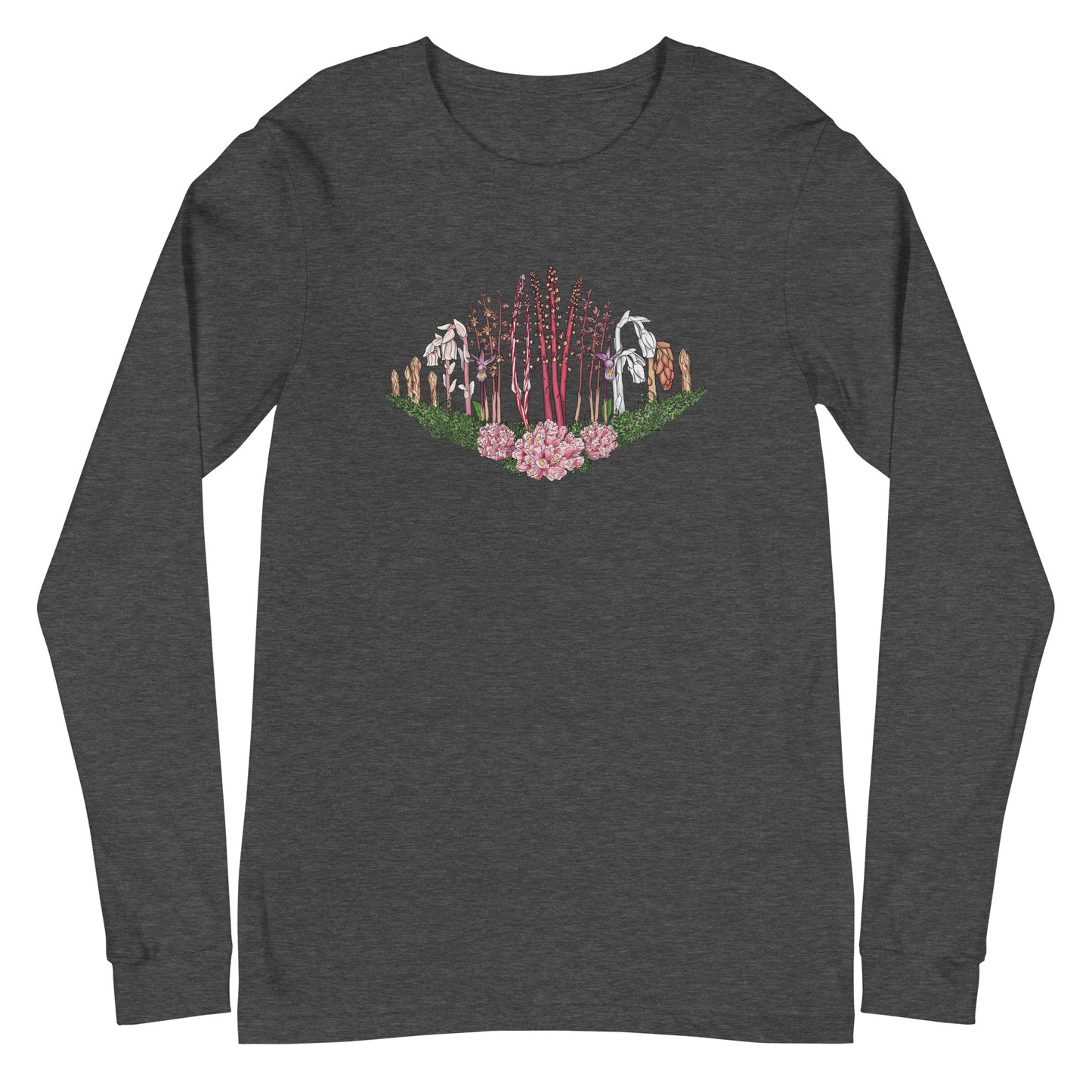 A long-sleeve t-shirt with an image of Ghost pipe, Candystick, pine sap and other micoheterotrophic plants of the PNW.