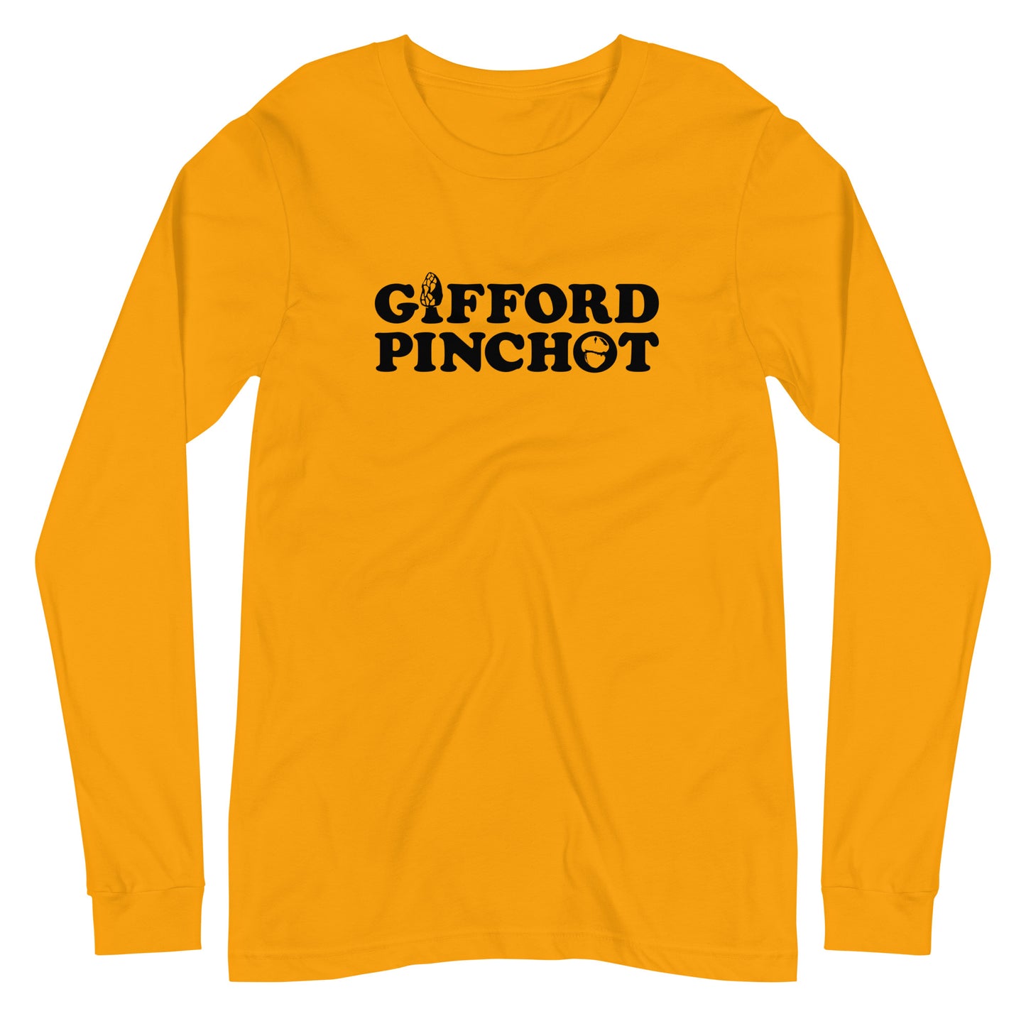 a long sleeve  t-shirt featuring the phrase Gifford Pinchot. there is a morel mushroom where the letter I should be in the word Gifford and a porcini where the O should be in Pinchot.