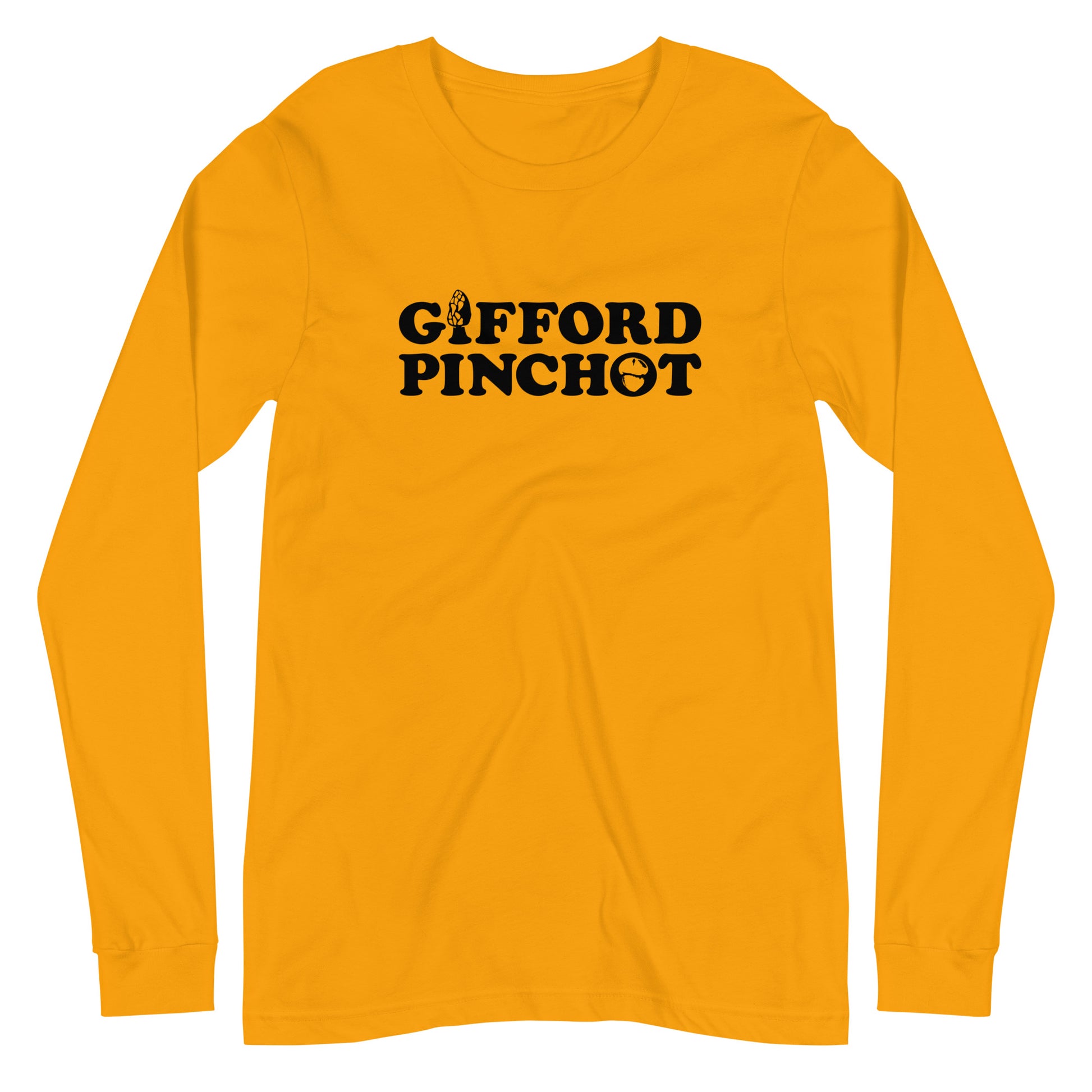 a long sleeve  t-shirt featuring the phrase Gifford Pinchot. there is a morel mushroom where the letter I should be in the word Gifford and a porcini where the O should be in Pinchot.