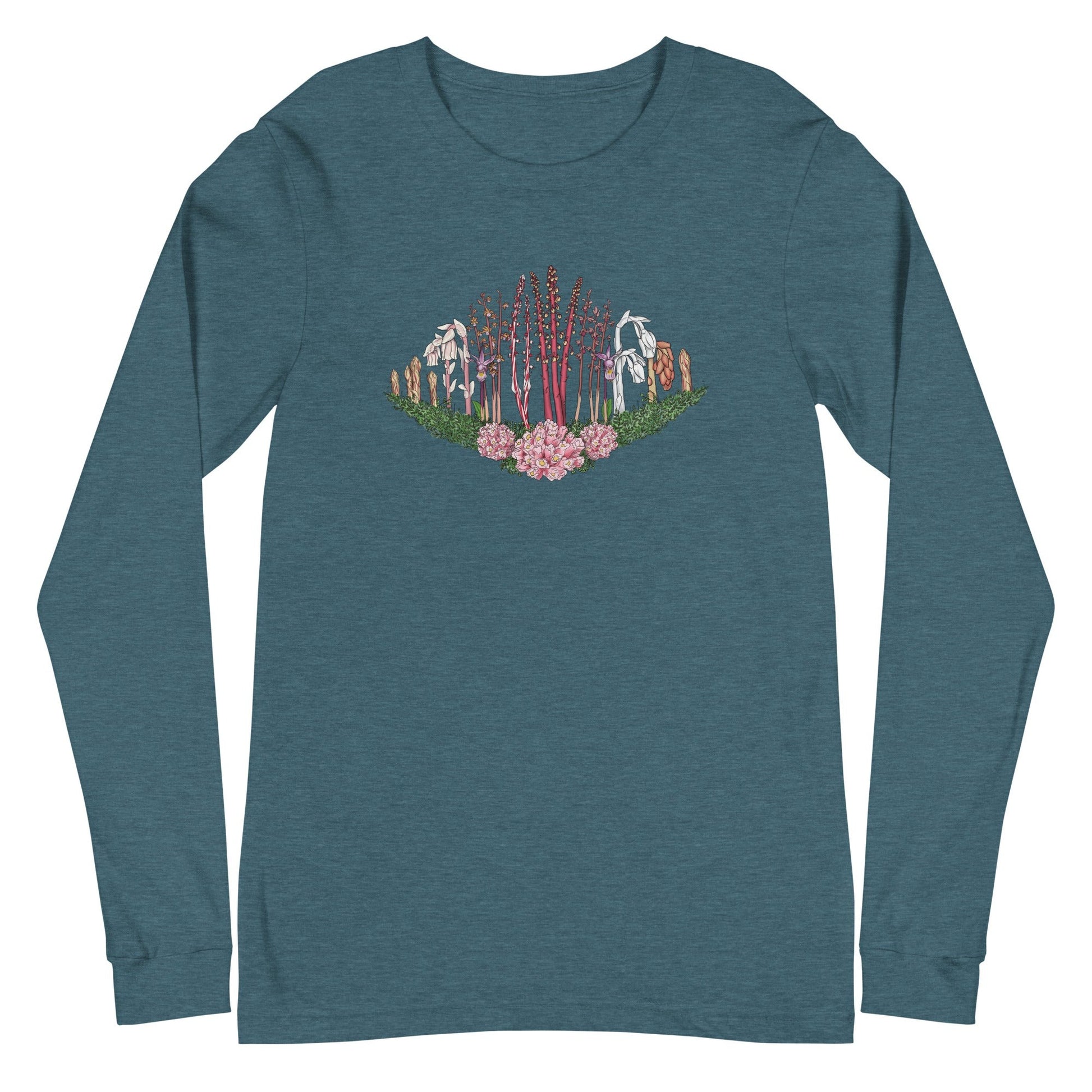 A long-sleeve t-shirt with an image of Ghost pipe, Candystick, pine sap and other micoheterotrophic plants of the PNW.