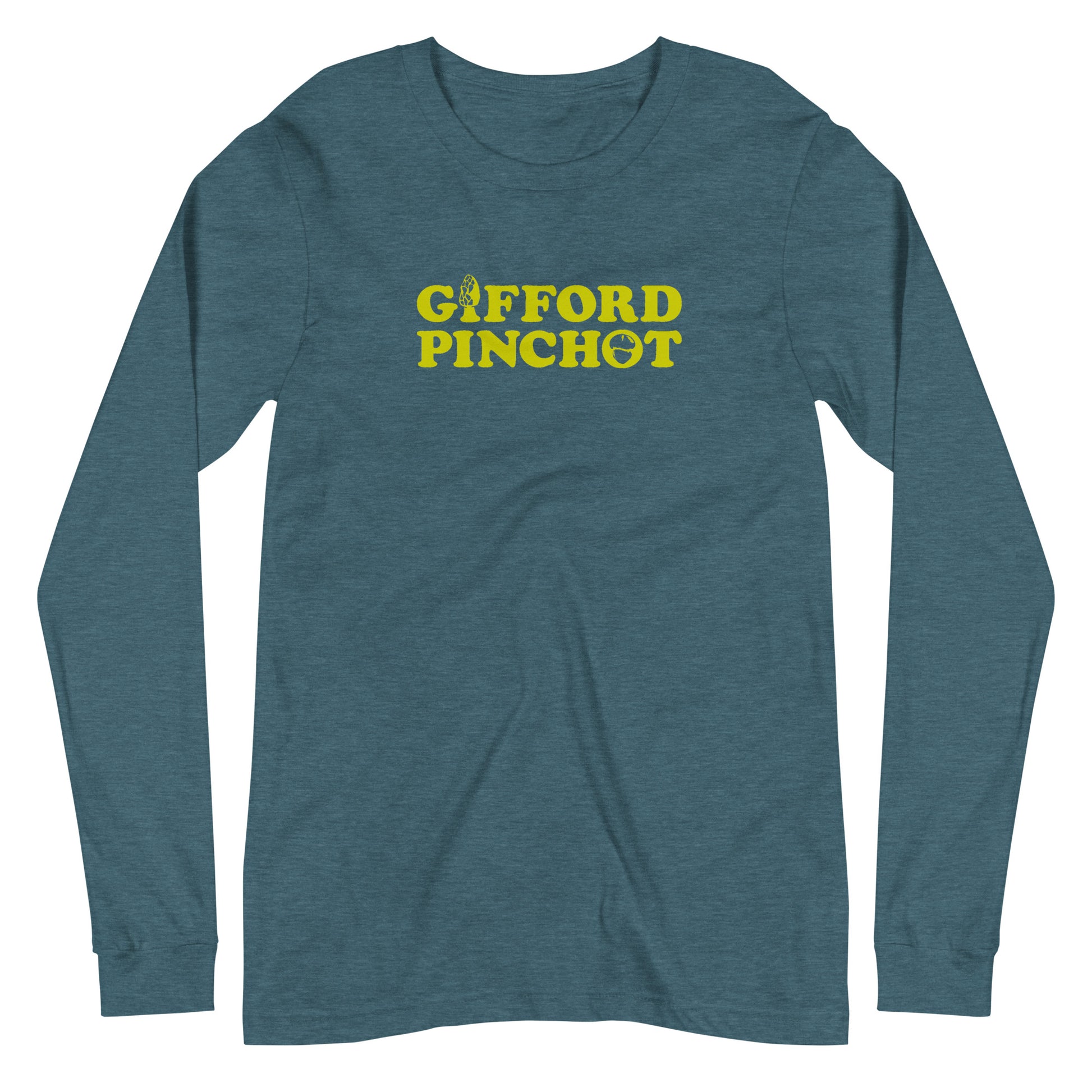 a long sleeve t-shirt featuring the phrase Gifford Pinchot. there is a morel mushroom where the letter I should be in the word Gifford and a porcini where the O should be in Pinchot.