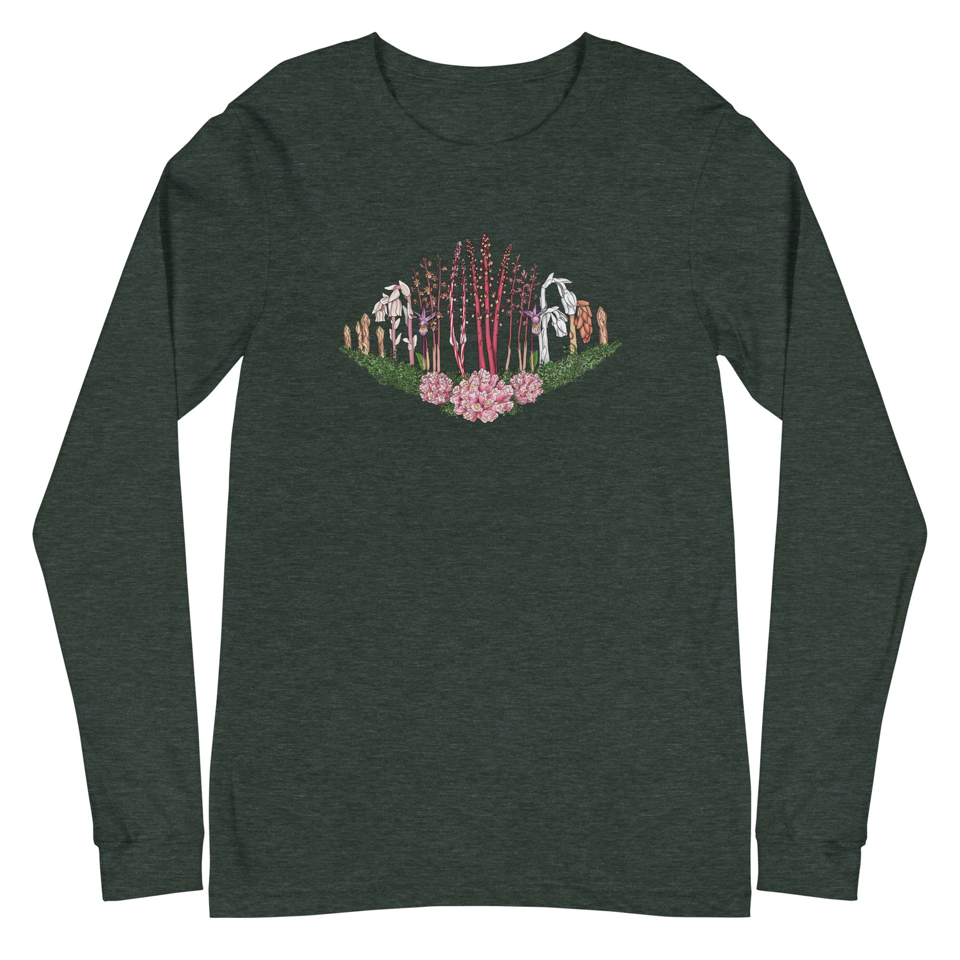 A long-sleeve t-shirt with an image of Ghost pipe, Candystick, pine sap and other micoheterotrophic plants of the PNW.