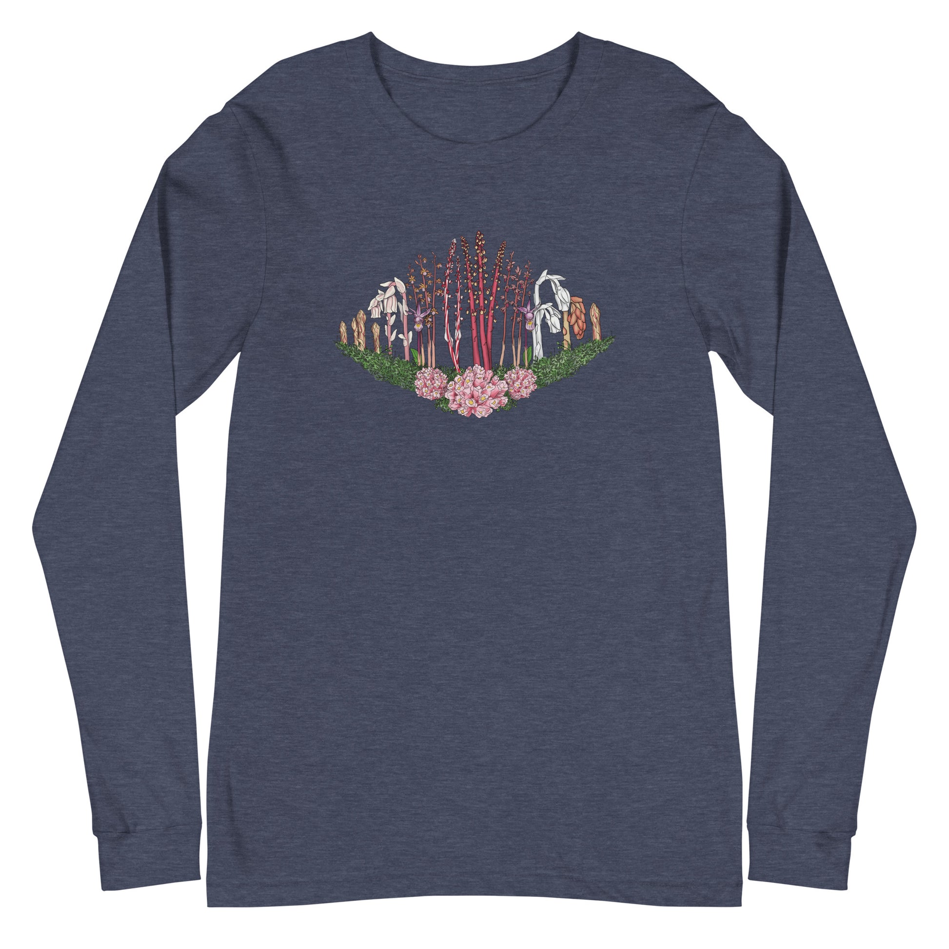 A long-sleeve t-shirt with an image of Ghost pipe, Candystick, pine sap and other micoheterotrophic plants of the PNW.