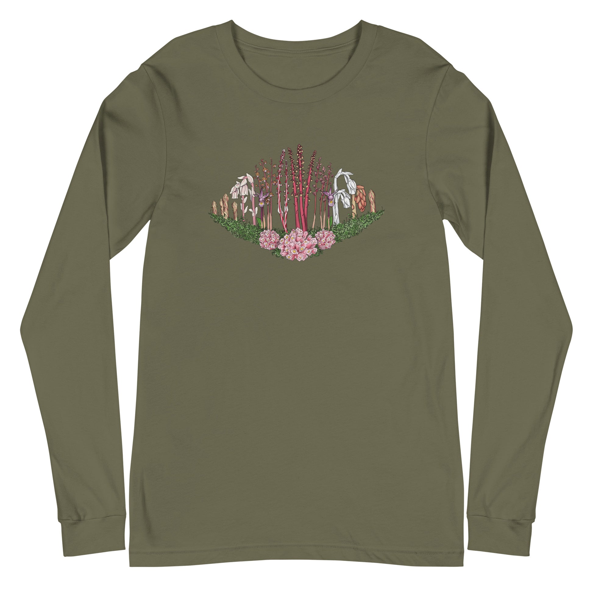 A long-sleeve t-shirt with an image of Ghost pipe, Candystick, pine sap and other micoheterotrophic plants of the PNW.
