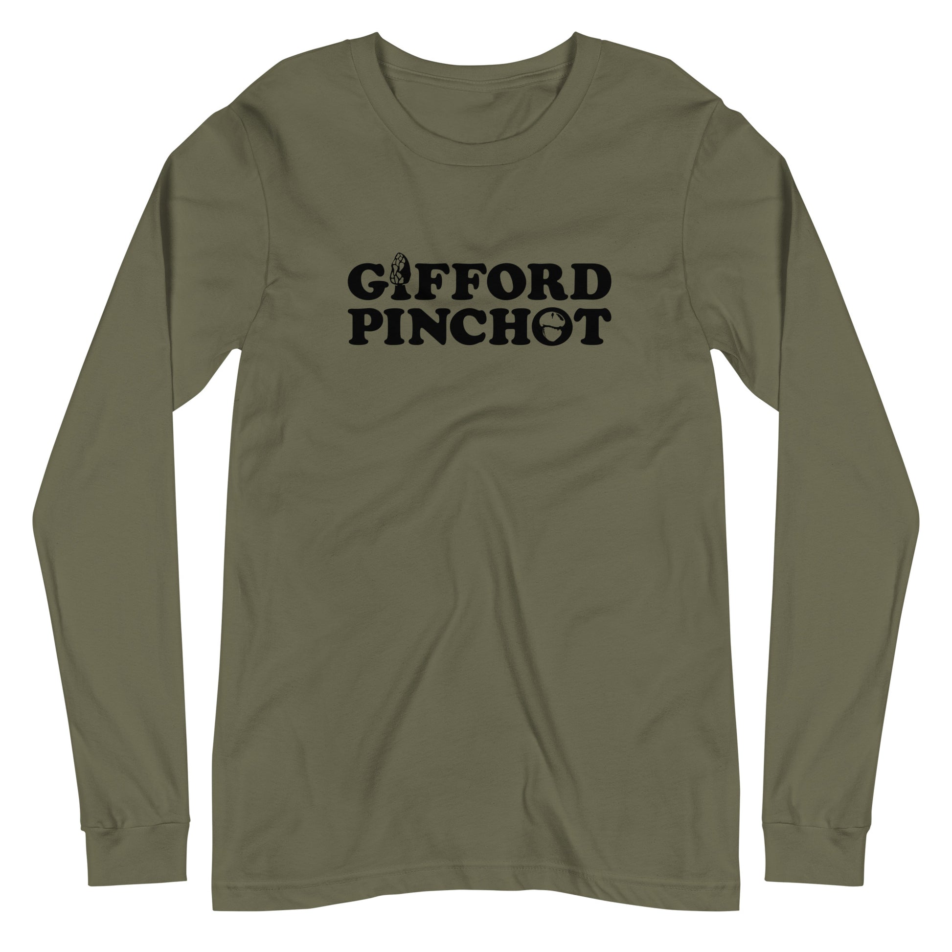 a long sleeve  t-shirt featuring the phrase Gifford Pinchot. there is a morel mushroom where the letter I should be in the word Gifford and a porcini where the O should be in Pinchot.