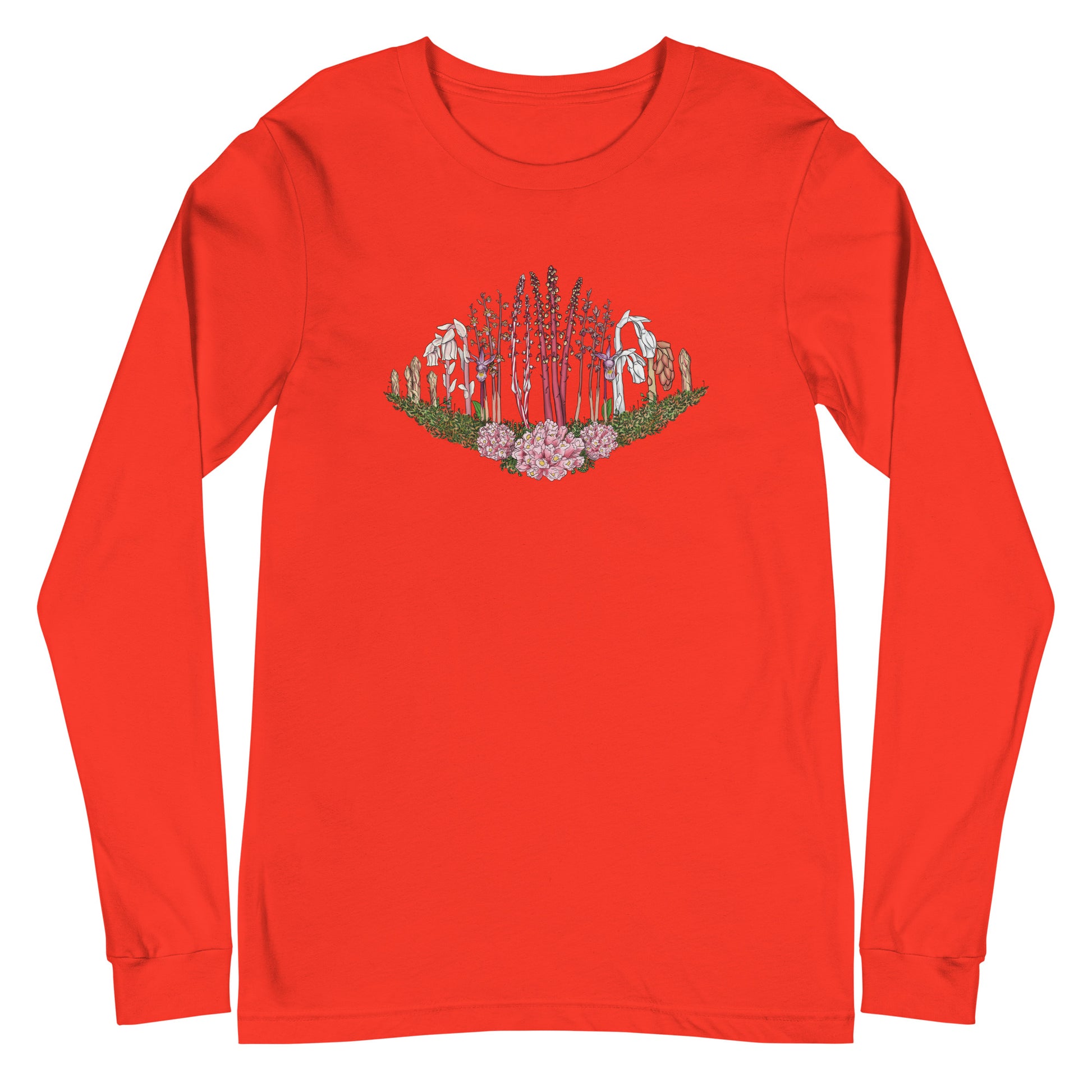 A long-sleeve t-shirt with an image of Ghost pipe, Candystick, pine sap and other micoheterotrophic plants of the PNW.