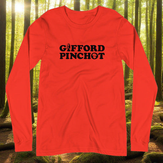 a long sleeve  t-shirt featuring the phrase Gifford Pinchot. there is a morel mushroom where the letter I should be in the word Gifford and a porcini where the O should be in Pinchot.