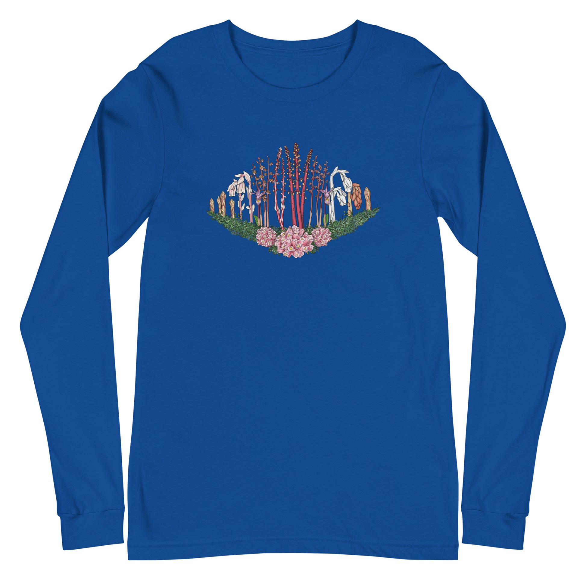 A long-sleeve t-shirt with an image of Ghost pipe, Candystick, pine sap and other micoheterotrophic plants of the PNW.
