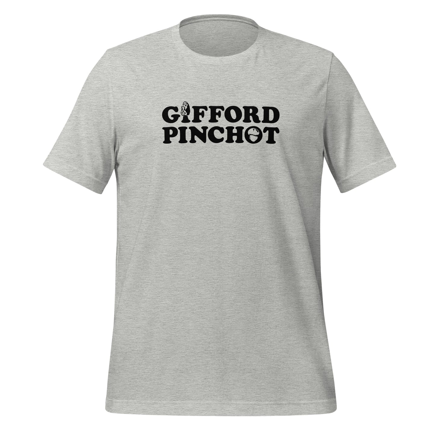 a grey t-shirt featuring the phrase Gifford Pinchot. there is a morel mushroom where the letter I should be in the word Gifford and a porcini where the O should be in Pinchot.