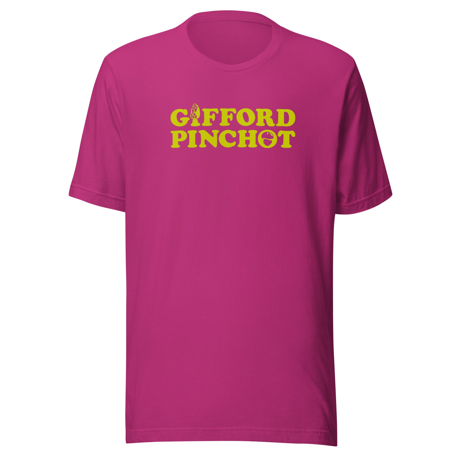 a short sleeve t-shirt featuring the phrase Gifford Pinchot in goldenrod. There is a morel mushroom where the letter I should be in the word Gifford and a porcini where the O should be in Pinchot.